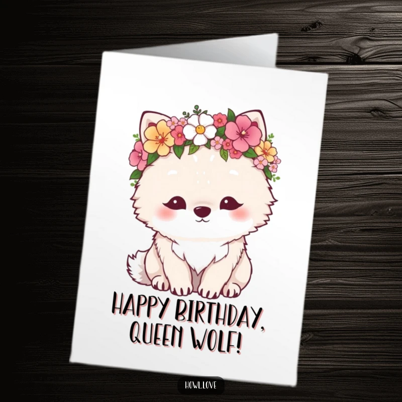 Funny Free Printable Birthday Card: A fluffy wolf looks content while wearing a beautiful, whimsical flower crown.