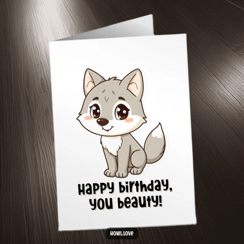 Free Printable Birthday Card: A wolf with big dot eyes and a happy wagging tail, radiating pure joy.