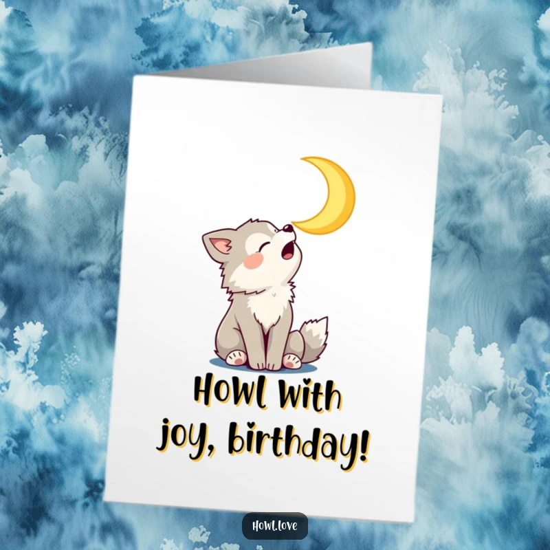 Funny Free Printable Birthday Card: A playful wolf cub joyfully howling at a friendly smiling crescent moon.