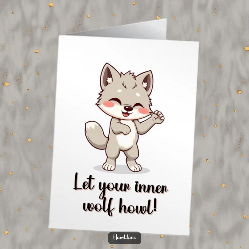 Funny Free Printable Birthday Card shows a joyful wolf cub doing a chaotic, happy dance with its tail a blur.