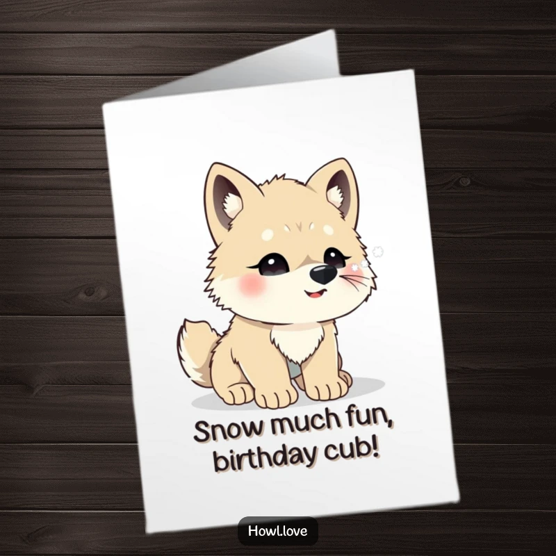 Funny Free Printable Birthday Card: Adorable wolf cub with nose tilted up, excitedly trying to catch falling snowflakes.