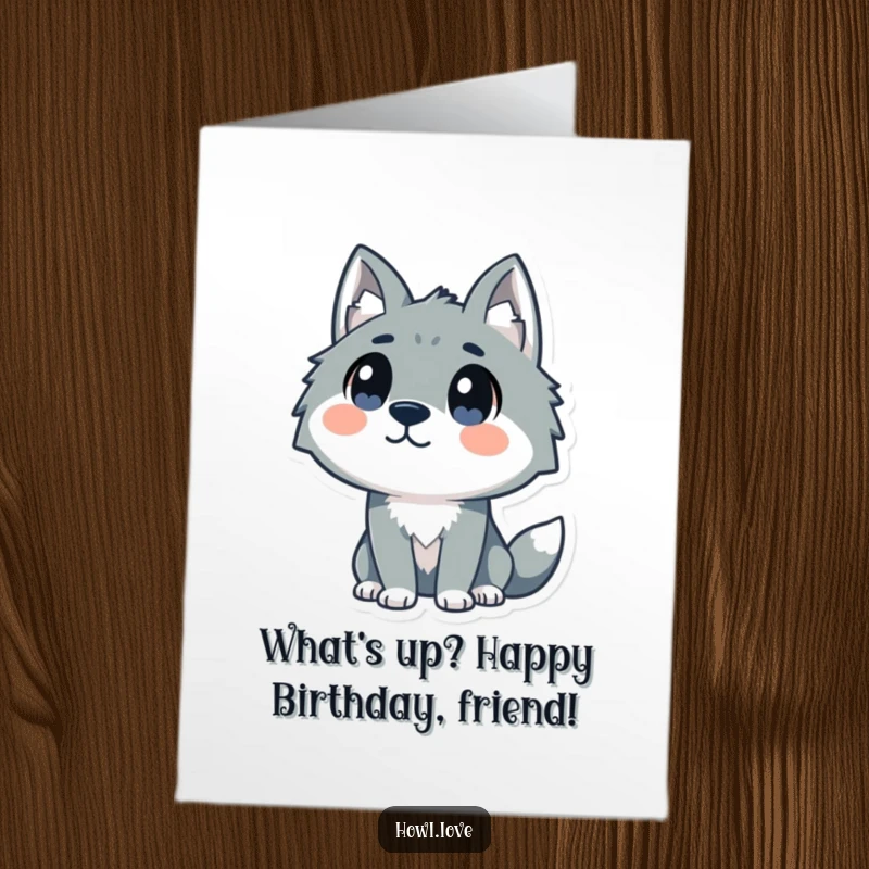 Funny Free Printable Birthday Card, a stylized wolf with large, curious dot eyes looking upwards, creating a whimsical and charming birthday wish.