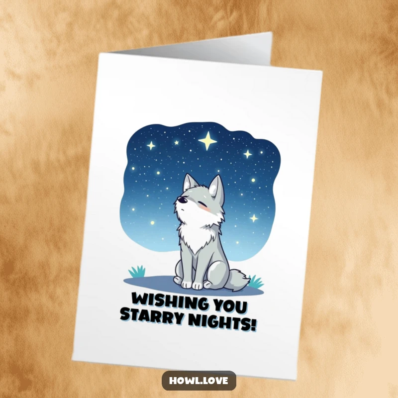 Funny Free Printable Birthday Card: A wolf sits calmly, gazing up in wonder at a vast, starry night sky.