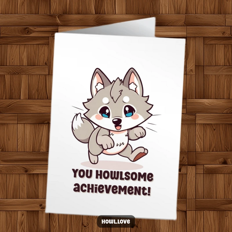 Free Printable Congratulations Card: A wolf with animated lines playfully pouncing to express enthusiastic congratulations.
