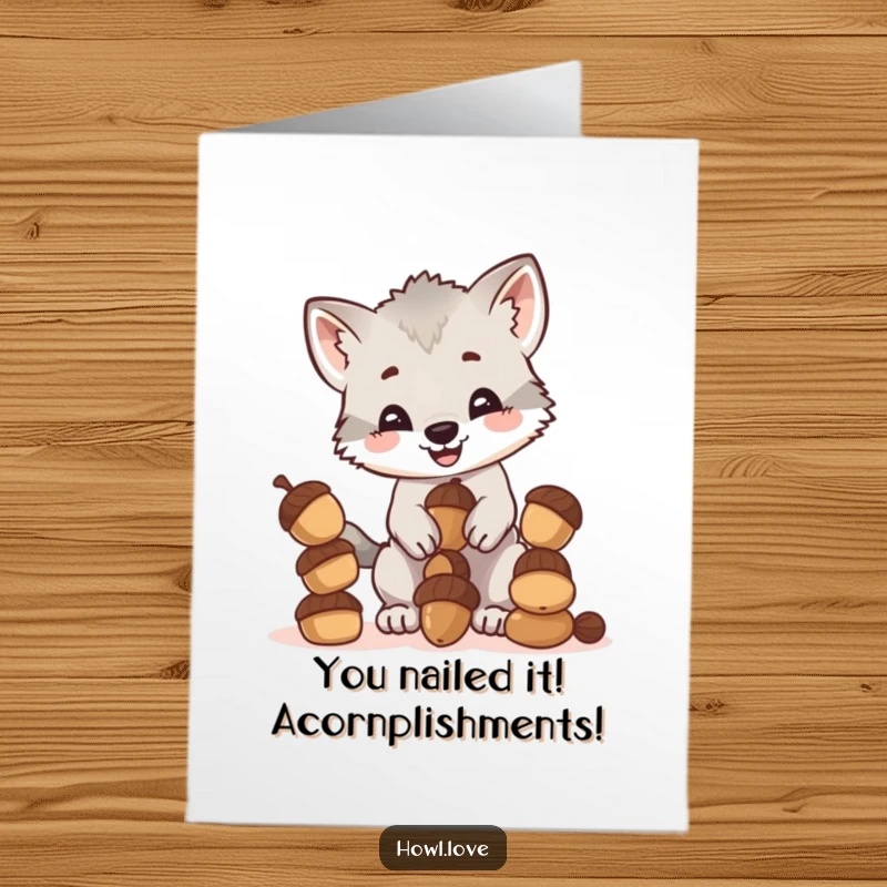 Funny Free Printable Congratulations Card showcases a determined wolf cub wobbling with a tall stack of acorns.