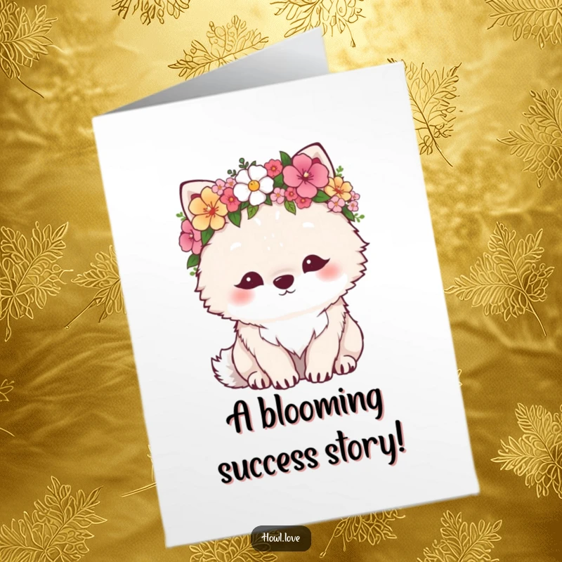 Funny Free Printable Congrats Card: A content, fluffy wolf adorned with a flower crown, celebrating joyfully.