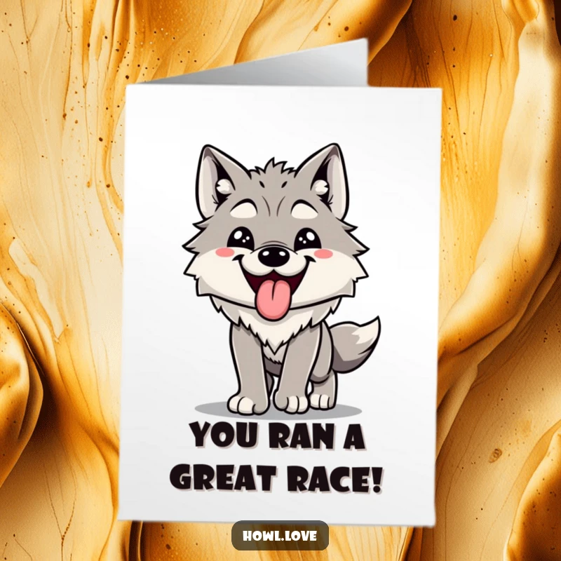 Funny Free Printable Congrats Card: Joyful wolf sticking its tongue out, panting happily, celebrating success with enthusiasm.