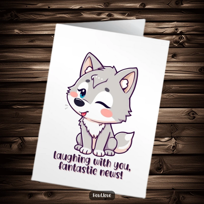 Free Printable Congratulations Card featuring a wolf character with charmingly playful curves, head tilted in amusement, celebrating achievements.