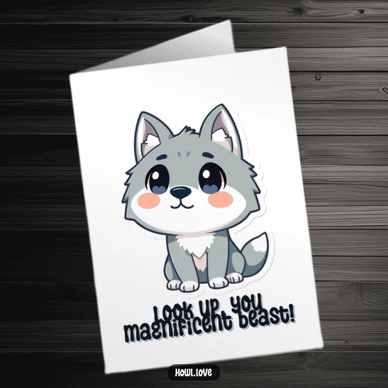 Free Printable Congratulations Card with a stylized wolf character, its curious dot eyes gazing upwards, perfect for quirky celebrations.