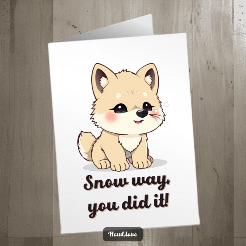 Funny Free Printable Congrats Card: Cute wolf cub joyfully attempting to catch snowflakes on its nose, celebrating a sweet moment.