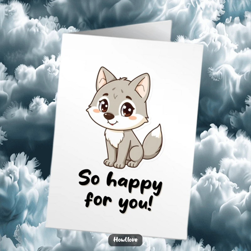 Free Printable Congratulations Card: A happy wolf with large dot eyes enthusiastically wagging its tail in celebration.