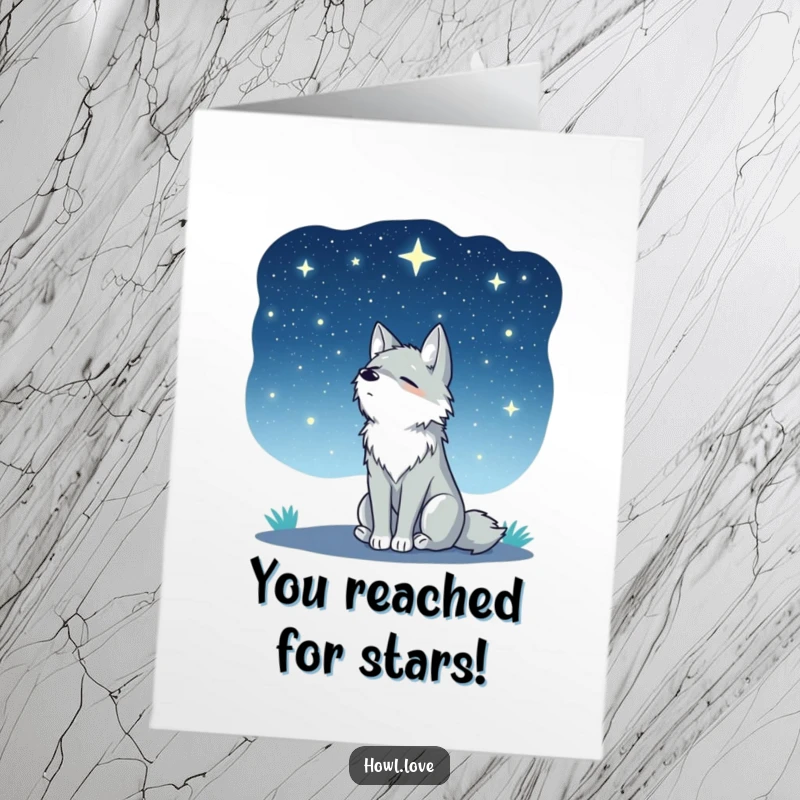 Funny Free Printable Congrats Card: Peaceful wolf looking at a beautiful starry sky, a moment of calm celebration.