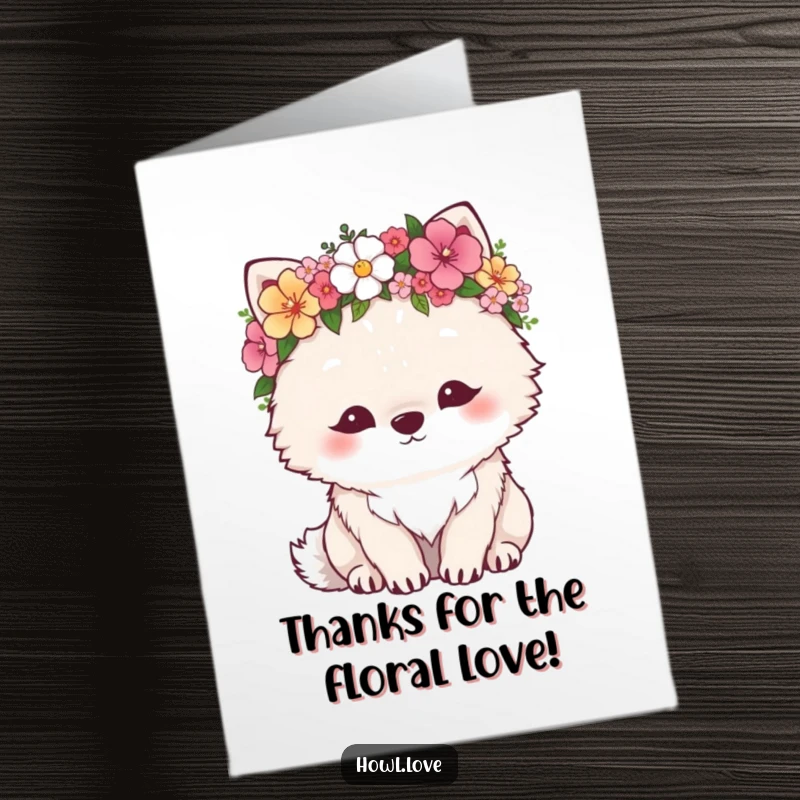 Funny Free Printable Thank You Card: A contented fluffy wolf wearing a delightful flower crown, a sweet thank you.