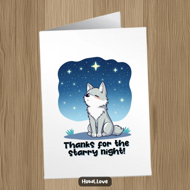 Funny Free Printable Thank You Card: A serene wolf sits peacefully, contemplating the beauty of a starry night sky.