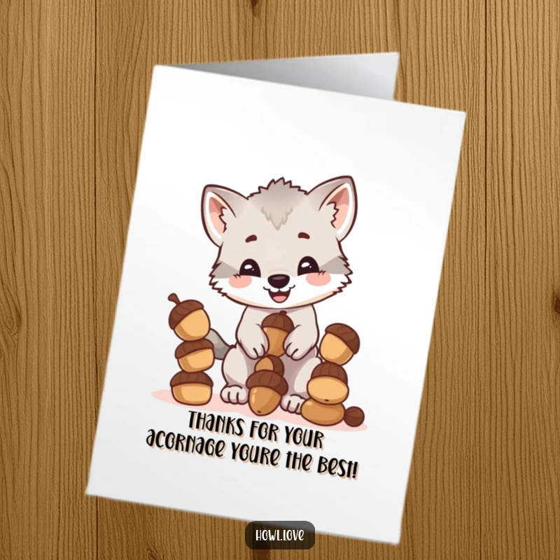 Funny Free Printable Thank You Card depicting a cheerful wolf cub on the verge of dropping its acorn stack.