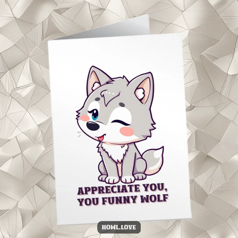 Free Printable Thank You Card featuring a wolf with delightful, playful curves, head tilted in amusement, for a truly funny thank you.