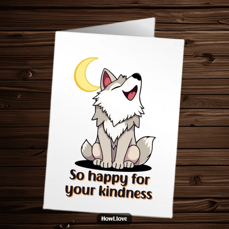 Free Printable Thank You Card featuring a joyful wolf with a wide, happy smile howling at the crescent moon, sending cheerful thanks.