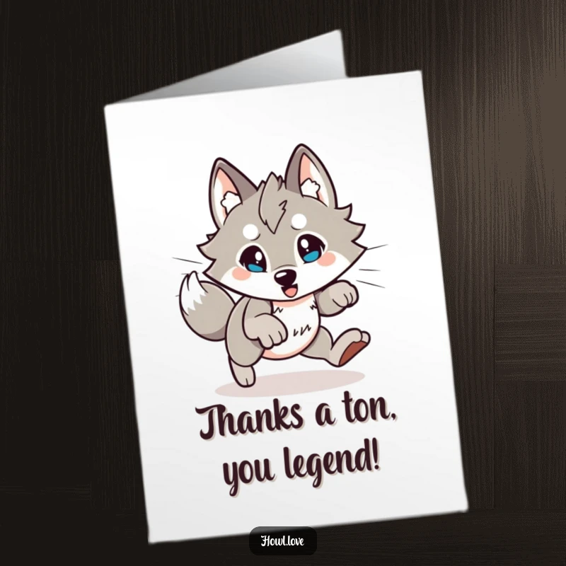 Funny Free Printable Thank You Card: A playful wolf character energetically pouncing to show enthusiastic thanks.