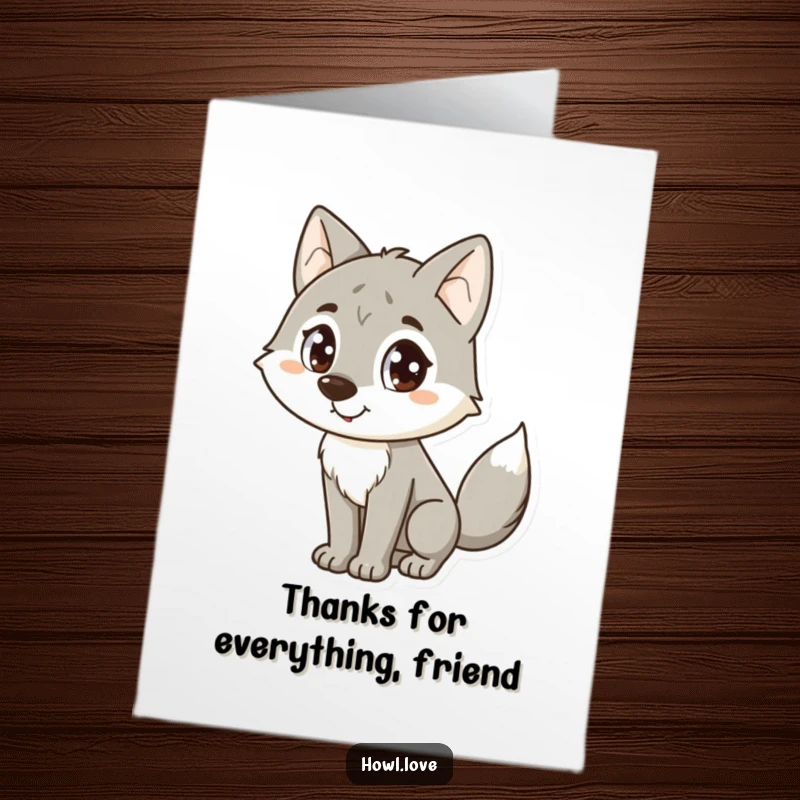 Funny Free Printable Thank You Card: A wolf with big dot eyes happily wagging its tail to express thanks.