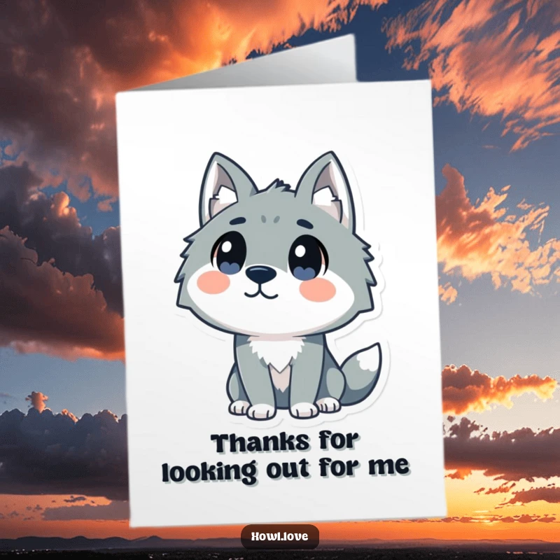 Free Printable Thank You Card featuring a stylized wolf with endearing dot eyes looking upwards, adding a touch of quirky charm to your gratitude.