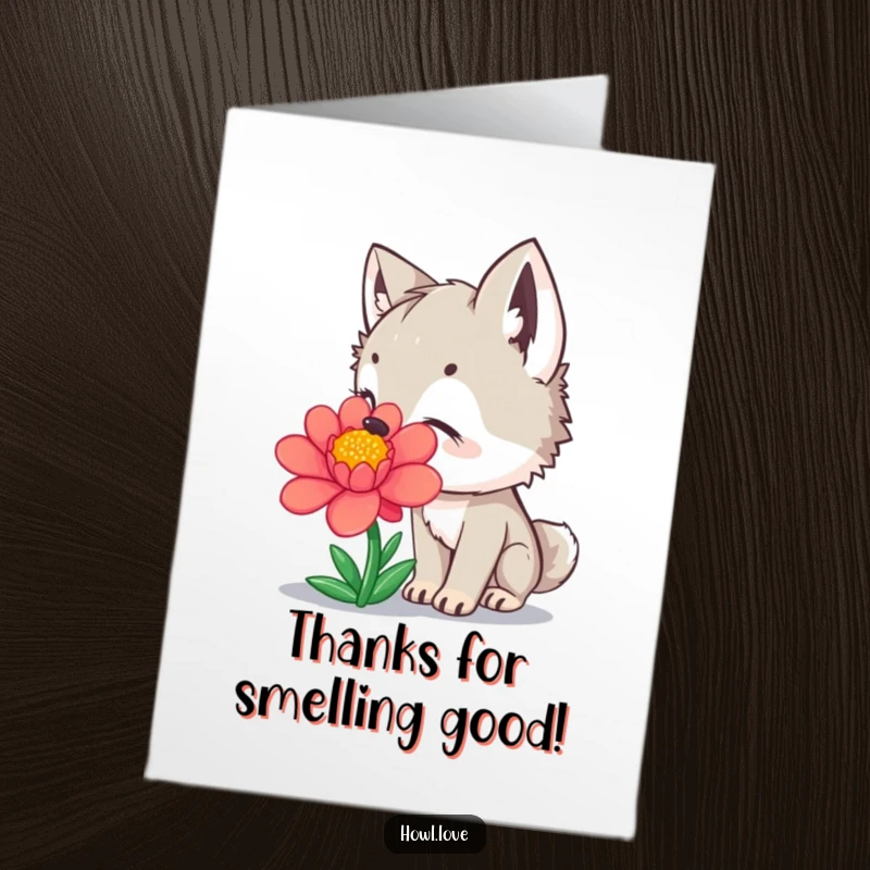 Funny Free Printable Thank You Card: A curious wolf cub sniffing a bright, colorful flower with pure delight and wonder.