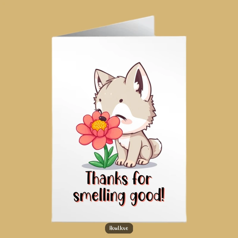 Free Printable Thank You Card: Wolf Cub Sniffing Flower, Delightful Gratitude Downloadable