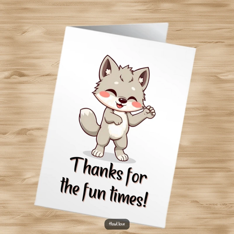 Funny Free Printable Thank You Card captures a wolf cub mid-silly-dance, tail wagging with pure ecstatic energy.