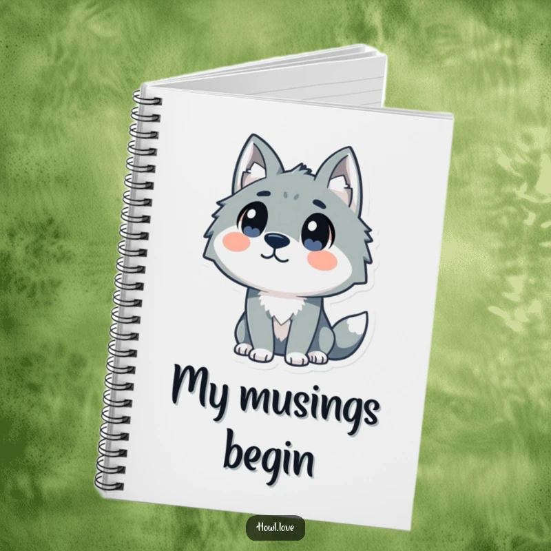 Funny notebook featuring a stylized wolf with curious dot eyes looking upwards, ideal for humorous note-taking and creative journaling.