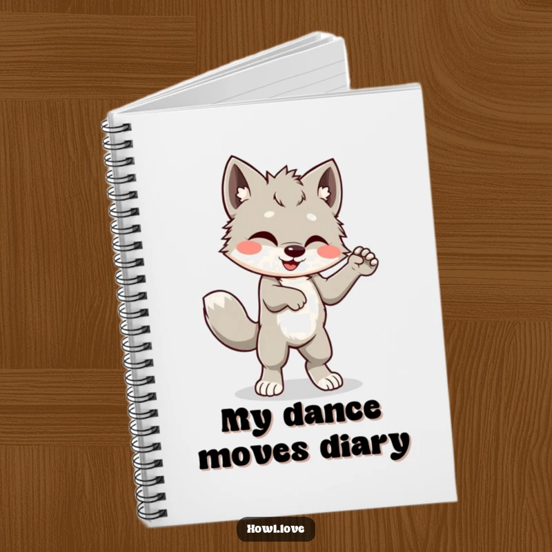 Funny notebook cover with a happy wolf cub cub dancing with its tail wagging, perfect for jotting down funny and inspired thoughts.