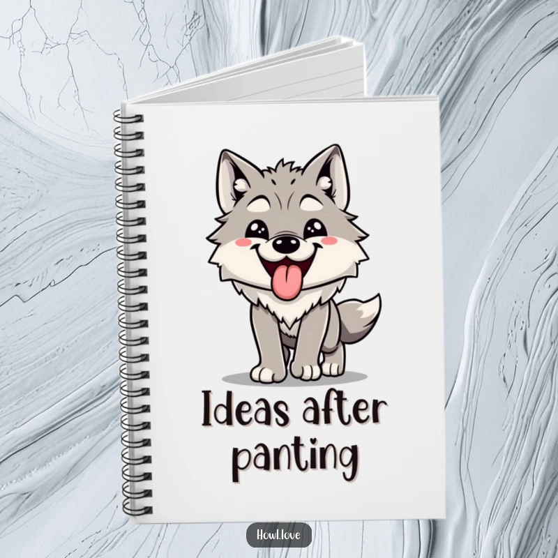 Funny notebook cover showing a happy wolf with its tongue out, panting after a run. Perfect for notes and ideas.
