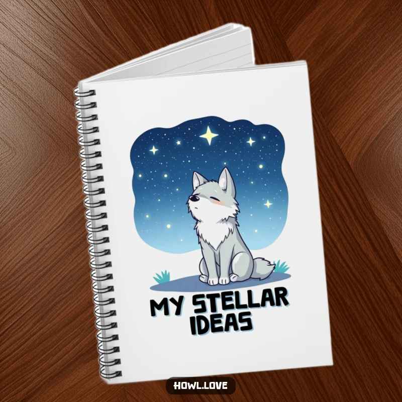 Funny notebook cover displaying a wolf peacefully gazing up at a vast, starry night sky. Perfect for notes and reflections.