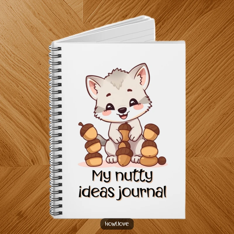 Funny notebook cover with a happy wolf cub cub balancing a stack of acorns, inspiring creative and humorous thoughts.