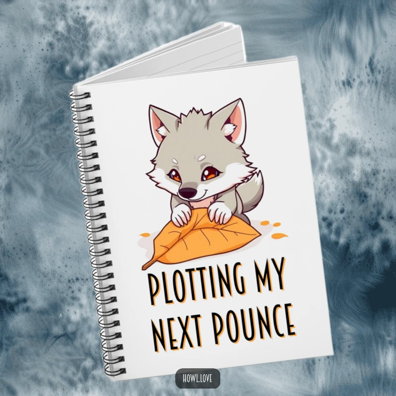 Funny notebook cover displaying a cartoon wolf in a playful pounce, reaching for a single fallen leaf. Ideal for notes and sketches.