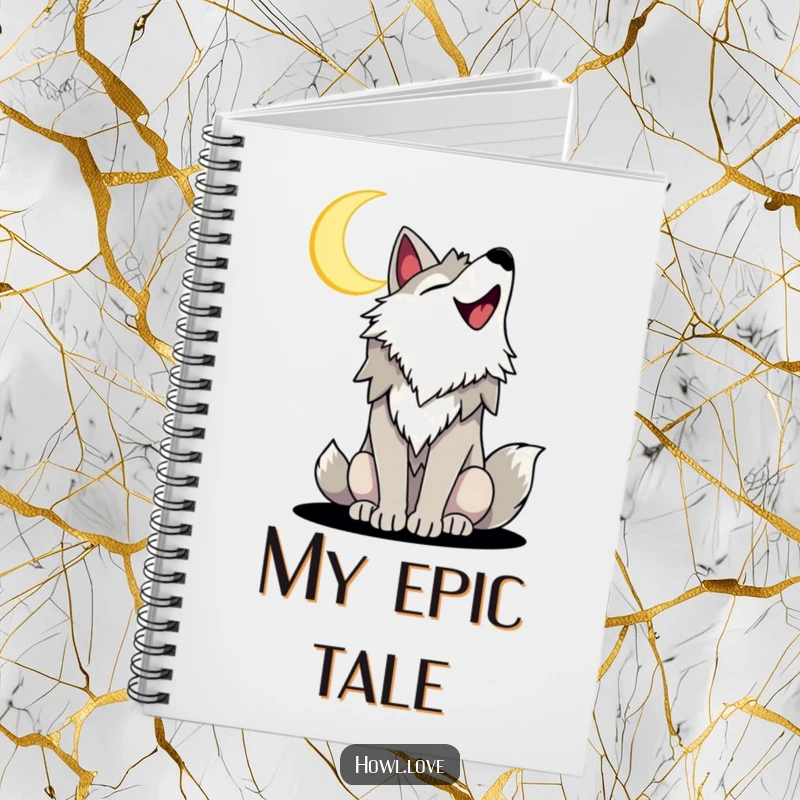 Funny notebook featuring a joyful wolf with a wide smile, howling at a crescent moon, ideal for humorous note-taking and creative journaling.