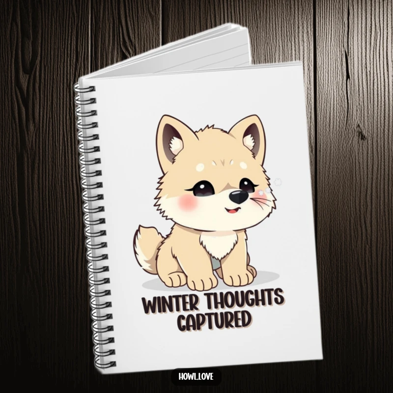 Funny notebook cover with a cute wolf cub excitedly trying to catch snowflakes on its nose. Ideal for notes and sketches.