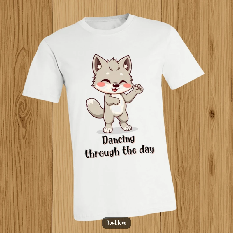 Funny t-shirt featuring a wolf cub cub enthusiastically dancing with its tail wagging rapidly, embodying sheer happiness.