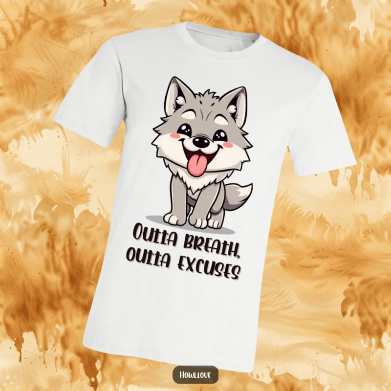 Funny t-shirt graphic of a joyful wolf with its tongue lolling out, panting happily after a spirited run. A celebration of activity.