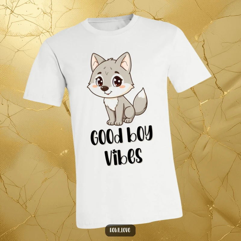 Funny Wolf T-Shirt: A cute wolf with expressive dot eyes and a happily wagging tail, symbolizing pure joy.
