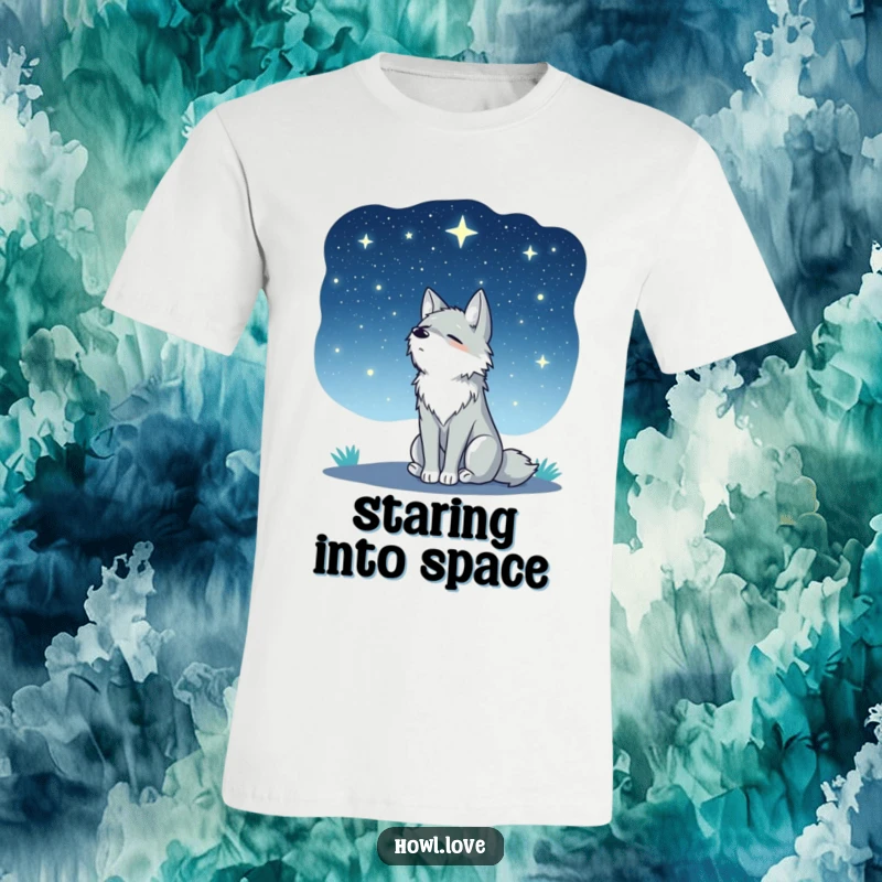 Funny t-shirt graphic of a serene wolf sitting calmly and gazing upwards at a brilliant, star-filled night sky. Peaceful and awe-inspiring.