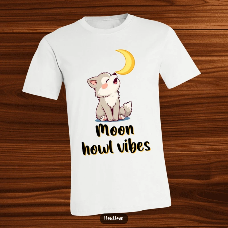 Funny T-Shirt showing a playful wolf cub howling joyfully at a smiling crescent moon. Great funny gift.