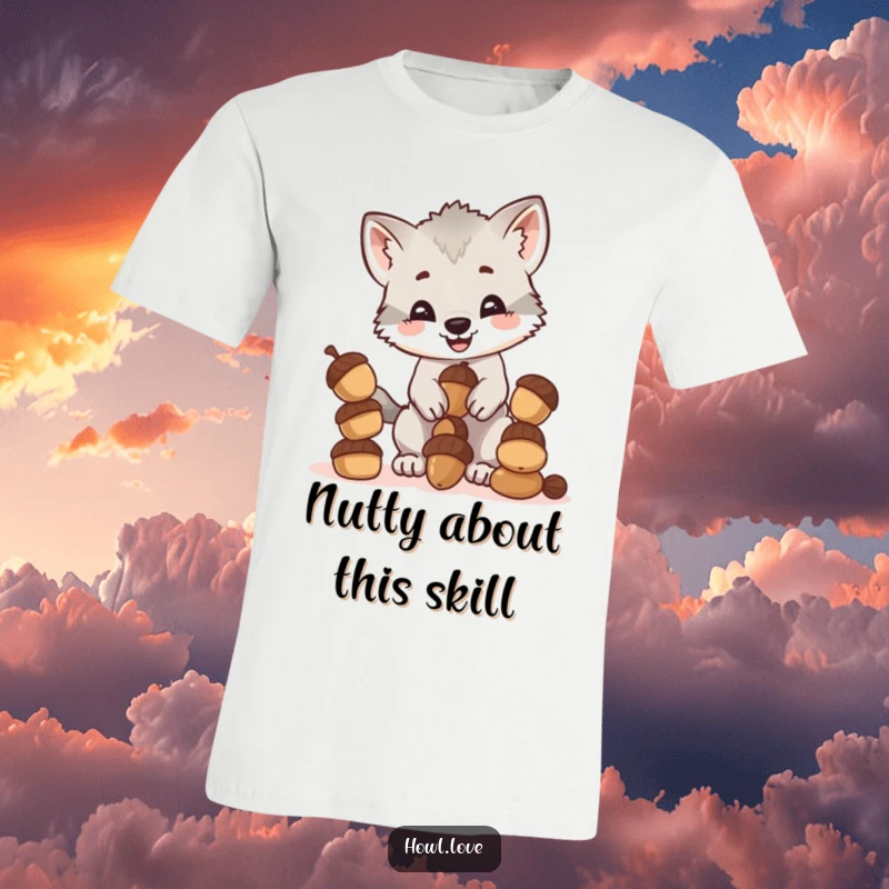 Funny t-shirt featuring a happy wolf cub cub precariously balancing a large stack of acorns, showcasing delightful clumsiness.