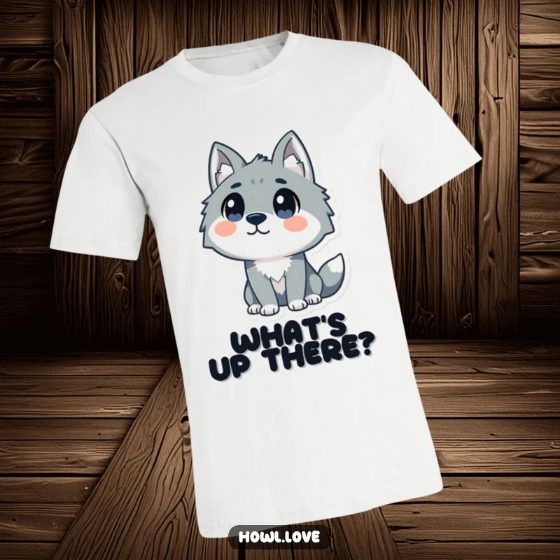 Funny t-shirt with a stylized wolf character sporting big, curious dot eyes looking upwards, perfect for expressing humorous wonder.
