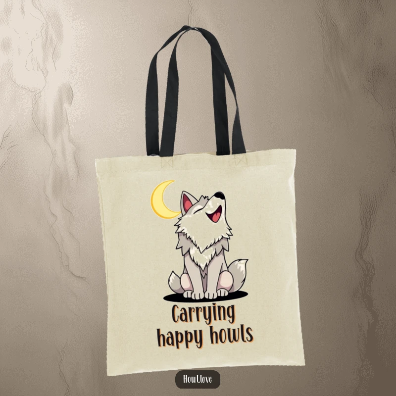 Funny tote bag featuring a joyful wolf with a wide smile, howling at a crescent moon, ideal for humorous, stylish, and practical use.