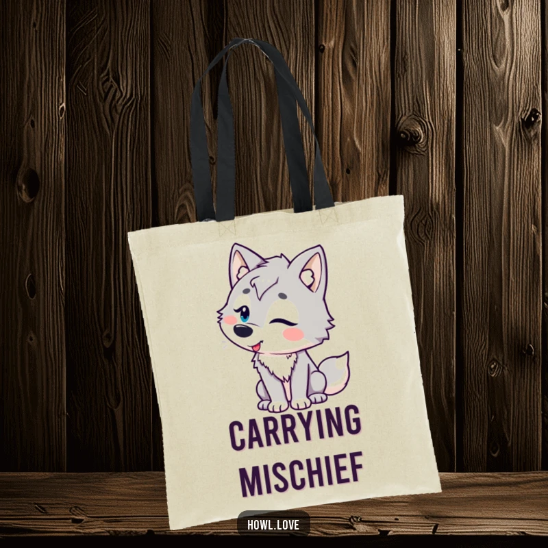 Funny tote bag featuring a wolf character with playful curves, tilting its head in amusement, ideal for humorous, stylish, and practical use.
