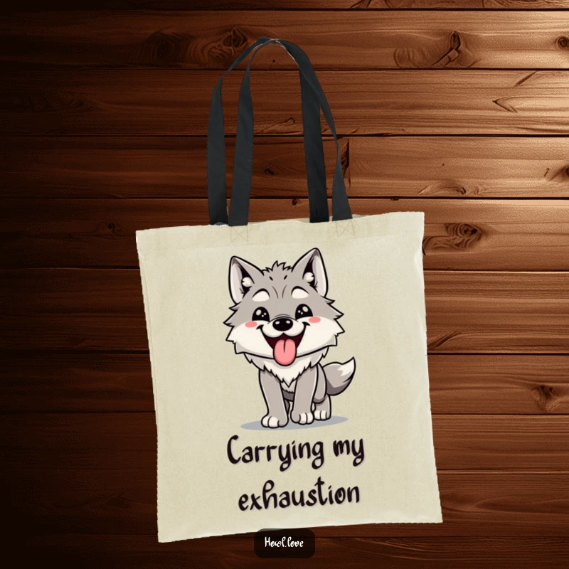 Funny tote bag featuring a happy wolf with its tongue out, panting contentedly after a long run. Practical and humorous.
