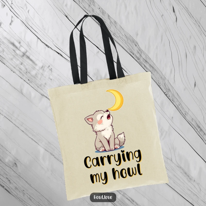 Funny Tote Bag with a playful wolf cub howling at a smiling crescent moon, a charming and funny accessory.