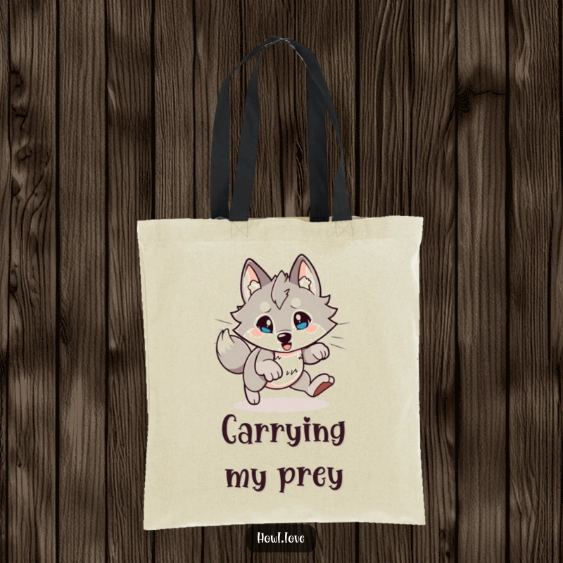 Funny Wolf Tote Bag: A stylish bag showcasing an energetic wolf character in a fun, playful pouncing stance.