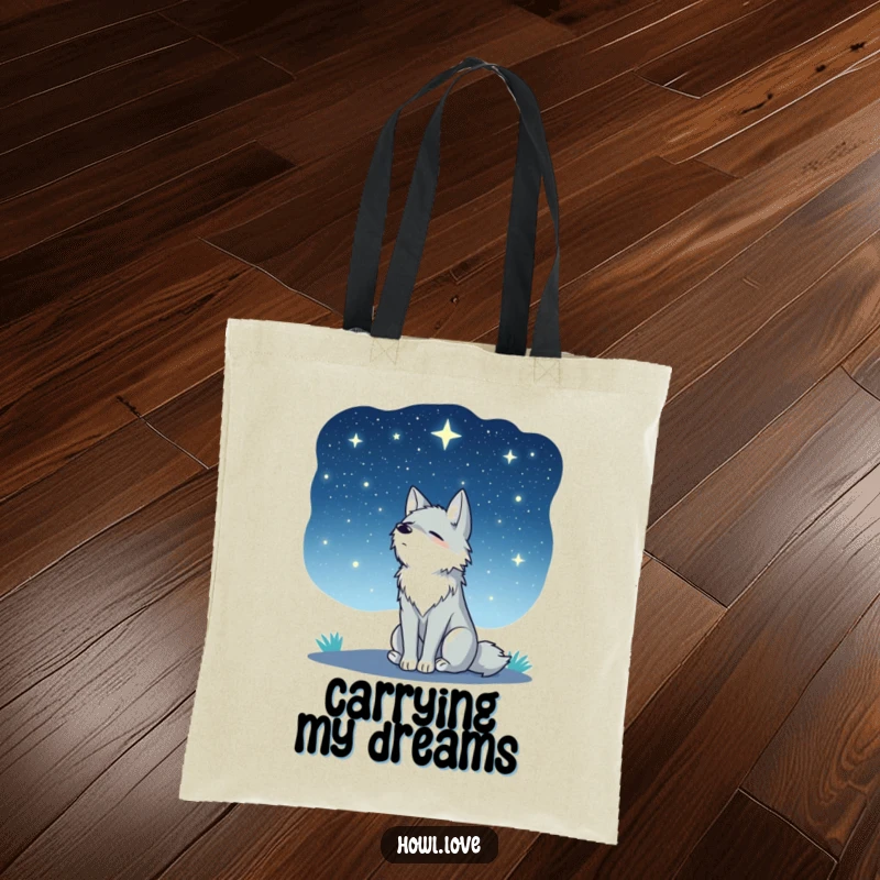 Funny tote bag featuring a wolf sitting peacefully, gazing up at a mesmerizing, star-filled night sky. Holds essentials with style.