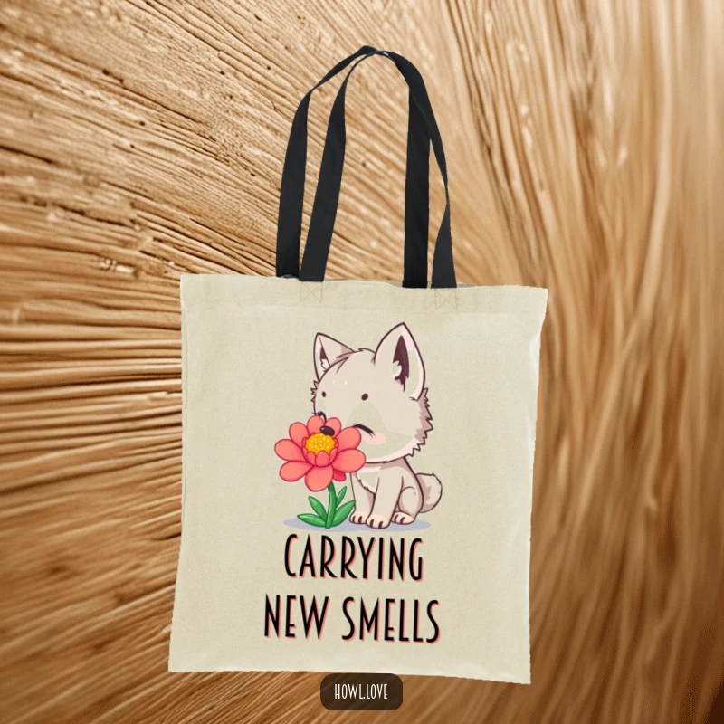 Funny Tote Bag with a curious wolf cub sniffing a colorful flower with delight, a charming and funny accessory.