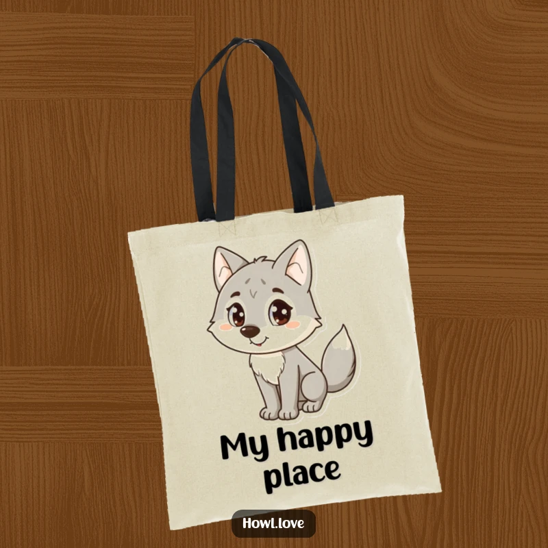 Funny Wolf Tote Bag: A cute tote featuring a happy wolf with big dot eyes and a wagging tail, full of cheer.